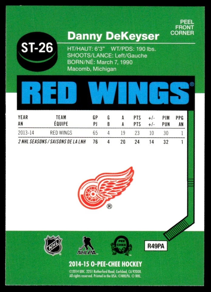 2014-15 O-Pee-Chee Stickers Danny DeKeyser Detroit Red Wings #ST-26 - Image 2 of 2