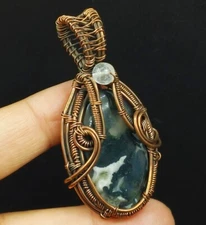 Copper Moss Agate Gemstone Copper Wire Wrapped Handmade Jewelry Pendant