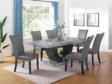 7pc Modern Dining Set Faux Marble Table and Side Chairs Gray Leather
