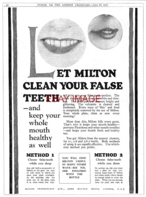 1927 Werbung für MILTON Antiseptikum Falsche Zähne Reiniger Zahnersatz Druck Anzeige 742A/19xx