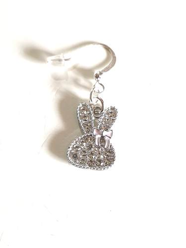 🐰Sweet Pink Bow Crystal Bunny Rabbit Silver Plated Earrings🐰 - Picture 3 of 6