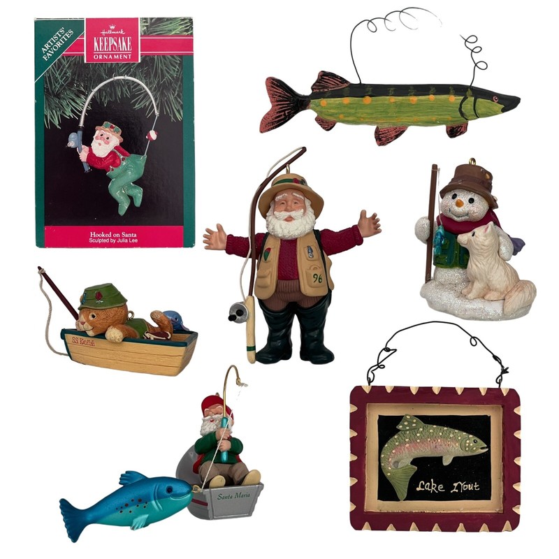 LOT OF 7 Assorted 1991 To 2008 Fishing Holiday Ornaments Hallmark & Other Brands