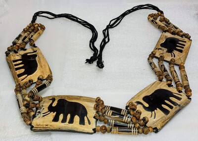 Vintage Safari African Elephant Beaded Wood Carved Tribal  display picture 1