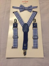 New Cat  Jack Toddler Boys White Blue Plaid Bow Tie  Suspenders Set Size 2T-5T