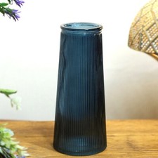 Blue Tall Ribbed Glass Flower Vase Home Decor 22cm Tall Cylinder Glass Vase Gift