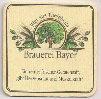Brewery Bayer, Theinheim - old beer mat ''a pure fresh barley juice...