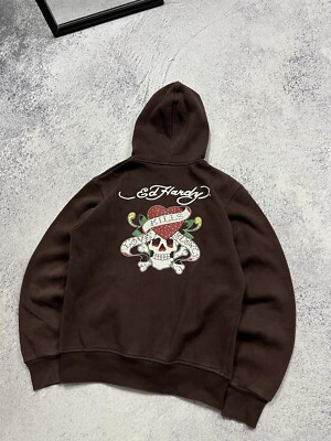 Vintage Y2K Ed Hardy Love Kills Slowly Big Logo Skull Brown Zip