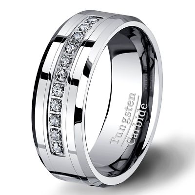8mm - Silver Tungsten Wedding Band W/ 7 CZ Diamond Inlay  8mm Tungsten Carbide Wedding Band Ring w CZ display picture 1