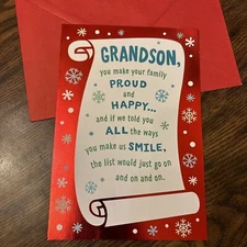Merry Christmas Grandson Proud and Happy Love 5.5”x8” Hallmark Greeting Card