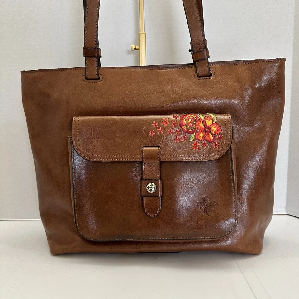 Patricia Nash Madison Leather Tote Shoulder Bag Purse Cognac Embroidered Floral - Image 2 of 4