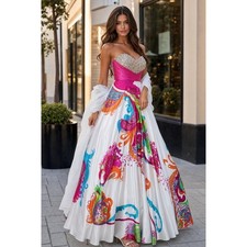 Jovani Maxi Dress Women's 2 White Pink Beaded Rhinestone Formal Prom Gown Y2K
