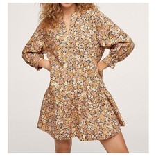 Mango Floral Mini Dress Size 10 Yellow Tiered Cotton Peasant Cottagecore Boho