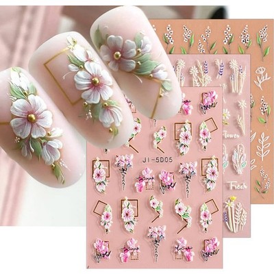 3D Embossed Flower Leaves Nail Art Stickers Self Adhesive Decals 4 Sheets 5D