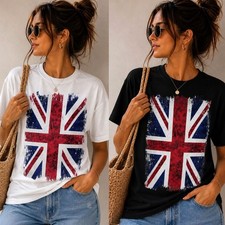 Ladies Union Jack T-Shirt Women's British Flag Print Short Sleeve Casual Top