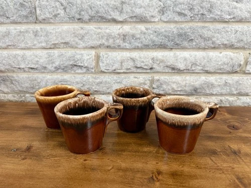 4 Vintage Hull Pottery Oven Proof USA Brown Drip Glaze Coffee Mugs Cups Set 10oz