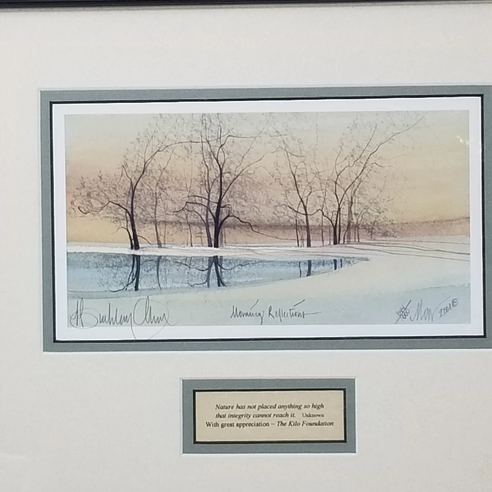 P. Buckley Moss Morning Reflections lagoa de inverno neve 2001 assinado emoldurado fosco - Imagem 2 de 4