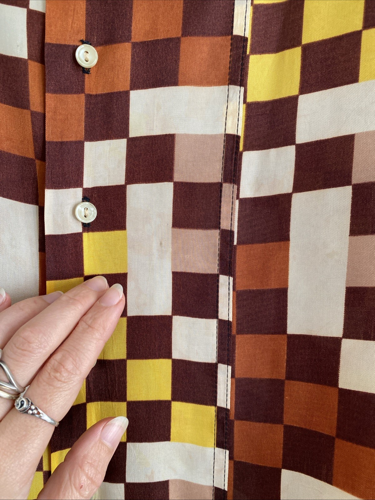 Vintage 70s Mike Weber Dagger Collar Op Art Checker Disco Button Up Shirt Sz S M image 7