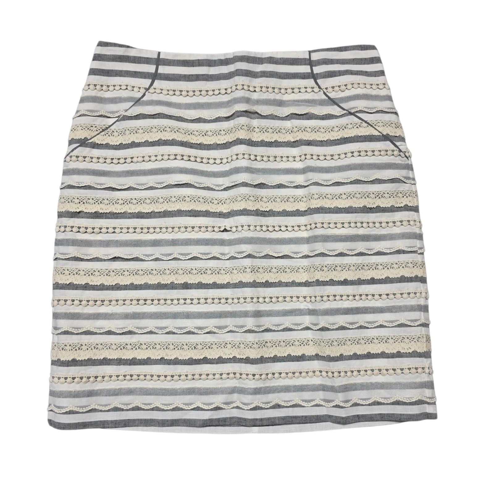 Anthropologie Tabitha Gray Striped Lace Trim Mini Skirt Womens Size 6