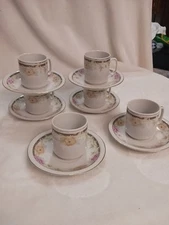 Espresso Cups and Saucers Set for Coffee - Gold Floral Design, 2 oz. Set of 6