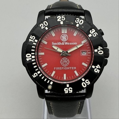 Smith & Wesson Firefighter Mens Watch 41mm Red Dial Leather Date New Battery