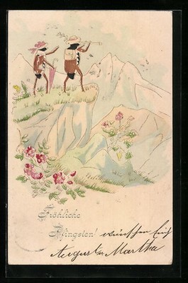 Embossed Lithograph Two May Bugs on Mountain Hike Look Out, Pentecost Greeting 