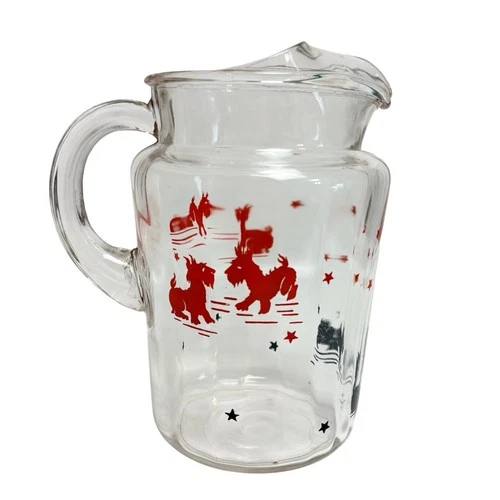 Vintage Federal Glass Black and Red Scottie Dogs Depression Era Pitcher Ice Lip
