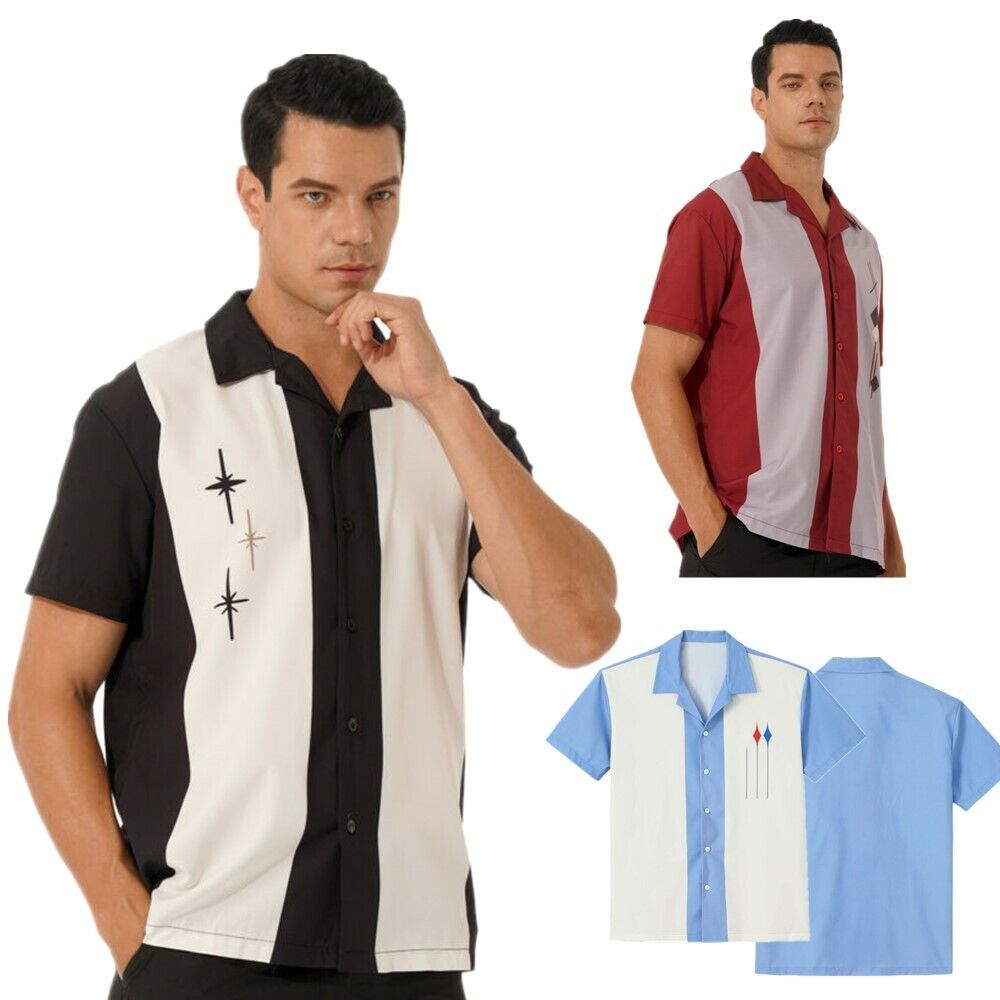 Mens Bowling Shirt Cuban Style Retro Short Sleeve Camp Shirt Button-Down Vintage