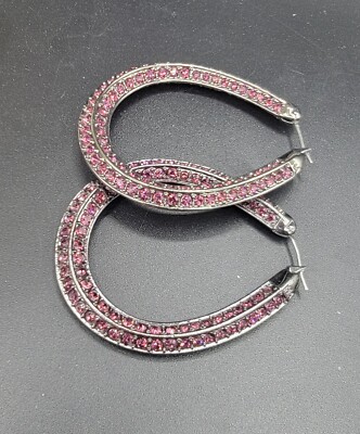IMAN Global Chic Gunmetal Red Pink Rhinestone Crystal Teardrop Drop Hoops 2''
