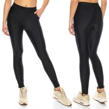 Sexy Damen Glanz Leggings Taschen Blickdicht Gummibud Glitzer Leggins 36 38 40