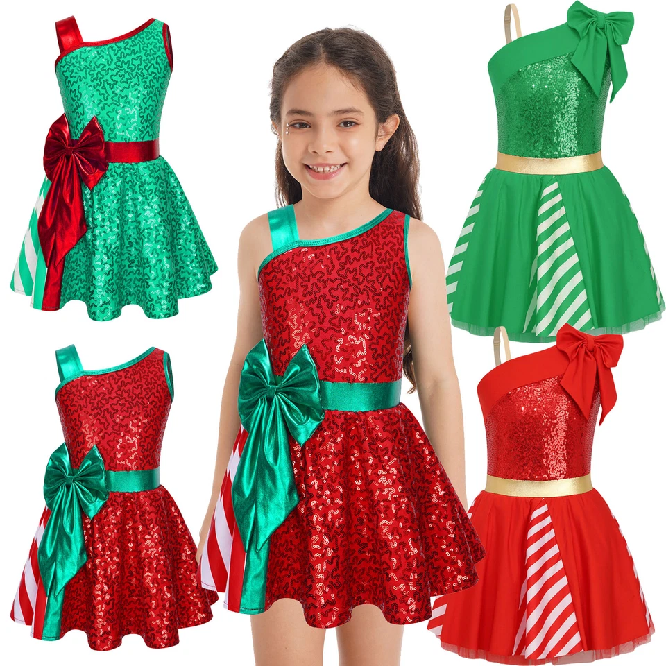 US~ Girls Sparkly Sequins Ballet Dance Christmas Costume Elf Party Fancy Dress - Image 4 of 4