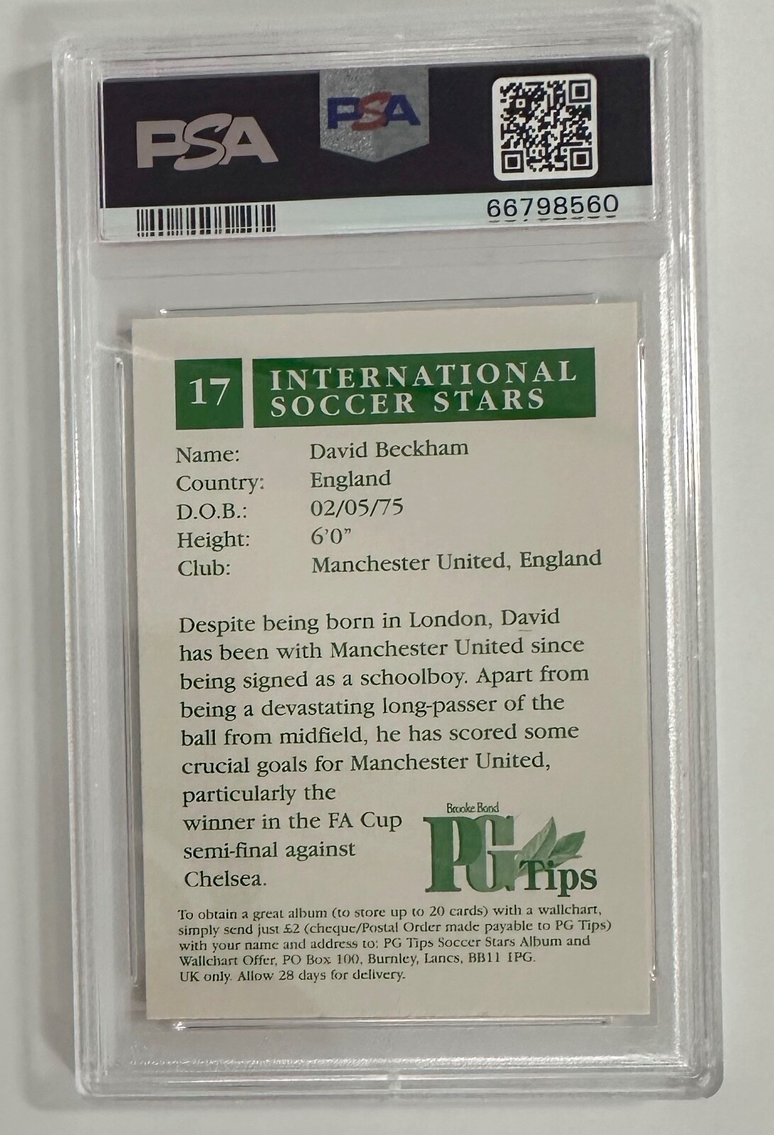 1998 BROOKE BOND PG TIPS INTERNATIONAL STARS DAVID BECKHAM #17 RARE POP5 view 2