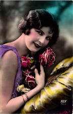 Colorized 1931 RPPC Brunette Lady Bobbed Hair in Purple Dress Holds Red Rose