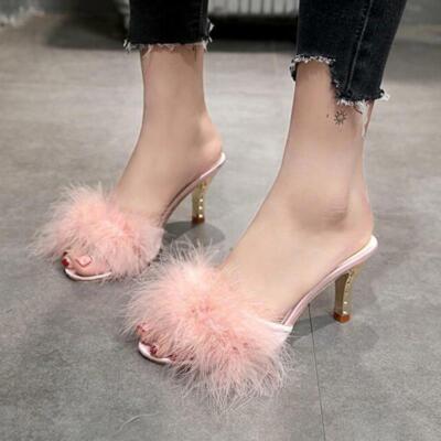 Women High HeelSlippers Fluffy Fur Peep Toe Party Shoes Sandals Mules  Slingback! UK