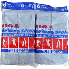 12 Pairs New GRAY Men's Cotton Athletic Sports TUBE Socks  9-15 Made In USA 