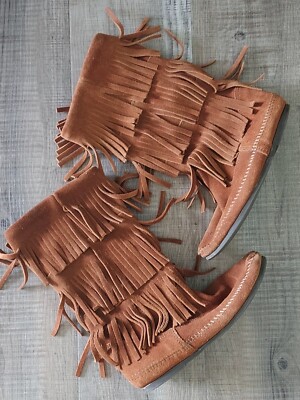 Minnetonka Women's 3 Layer Tall Fringe Suede Leather Boots Brown Size 7