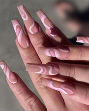 New 24 Press On Nails Kit w glue Matte Swirl Nude pink lava design trendy mauve