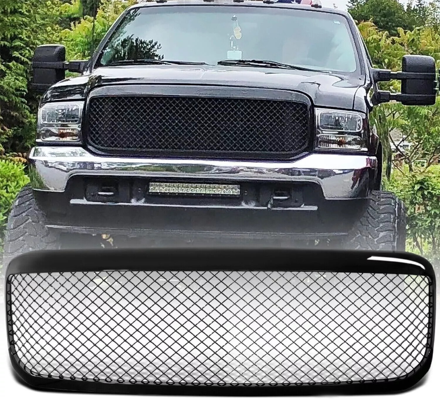 FITS 1999-2004 Ford F-250 F-350 Super Duty Front Bumper Glossy Black Grille Mesh