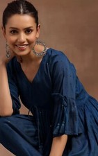 Women Tunic wear;Blue Ethnic Motifs Assymetric Party wear Silk Blend Tunic Kurti