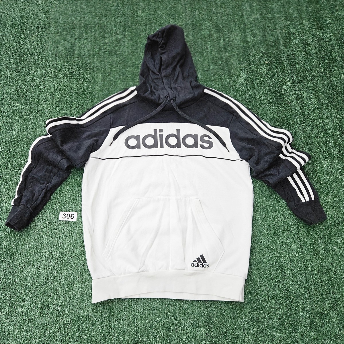 Adidas Men’s Medium Essentially Hoodie Spell Out Black White Stripes