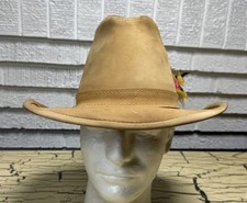 VTG Skullys Henschel Western Cowboy Hat Tan Rugged Leather Suede Size Med USA