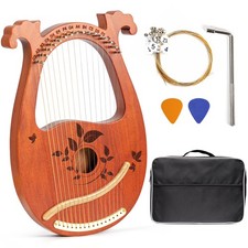 Lyre Harp Mahogany Tuning Wrench 16 PCS Metal String Picks Gig Bag Black