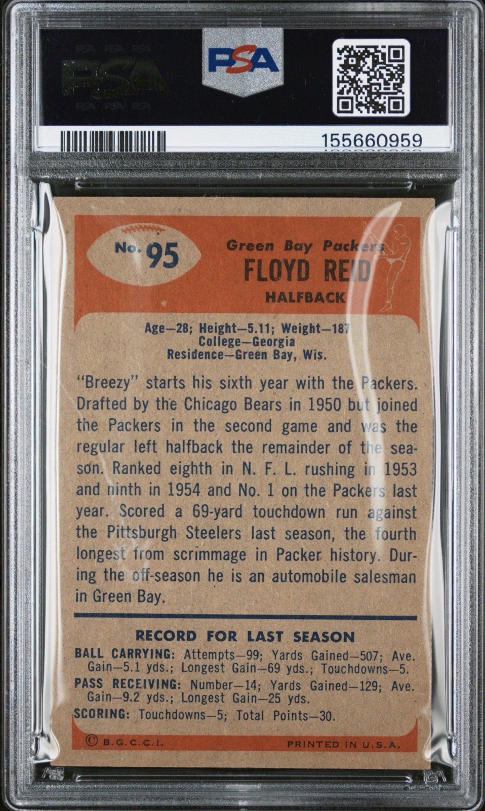 1955 Bowman Floyd "Breezy" Reid Well Centered Fresh Slab PSA 4 VG-EX POP 4! view 2