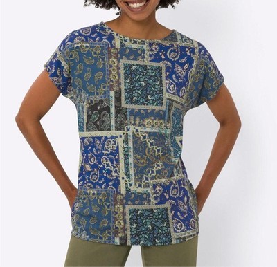 Mode von Heine Damen Shirt Oberteil Kurzarm Rundhals Jersey blau grün NEU