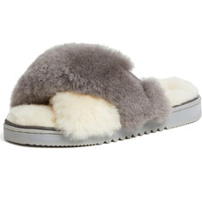 DEARFOAMS Slippers Wool Shearling 9-US 40-EU Gray Ivory Slides Fireside
