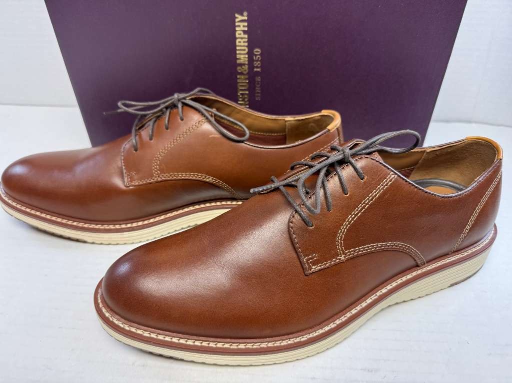 Johnston & Murphy Upton Plain Toe, Wide Shoe, Dress Casual Lace-up, Tan Full Gra