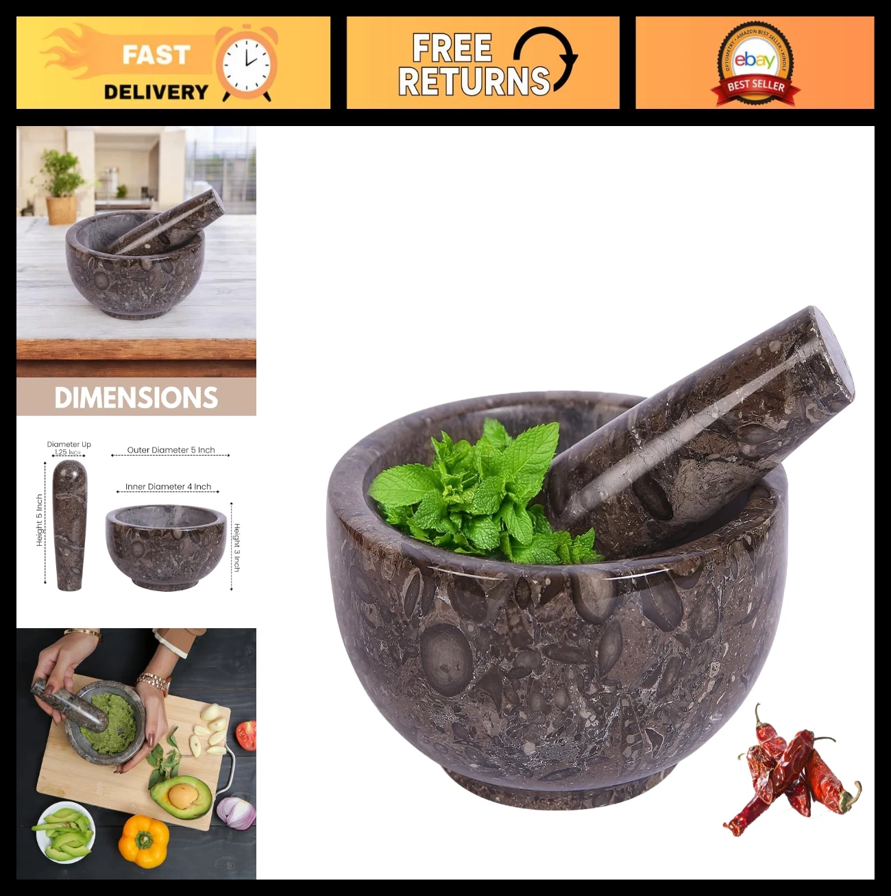 Marble Mortar and Pestle Set - Perfect for Grinding Spices, Guacamole, Salsa & M