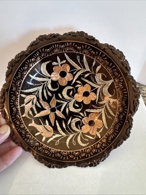 Beautiful Vintage Hand Etched Copper Footed Dish Decor Turkish 7 