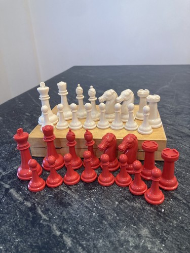 Vintage Atomic Red & Ivory Chess Set Complete Mid Century Modern