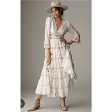 RIXO London Sz XS Regine  White Embroidered Tiered Maxi Dress