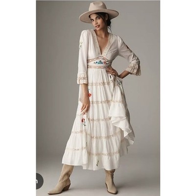 RIXO London Sz XS Regine  White Embroidered Tiered Maxi Dress